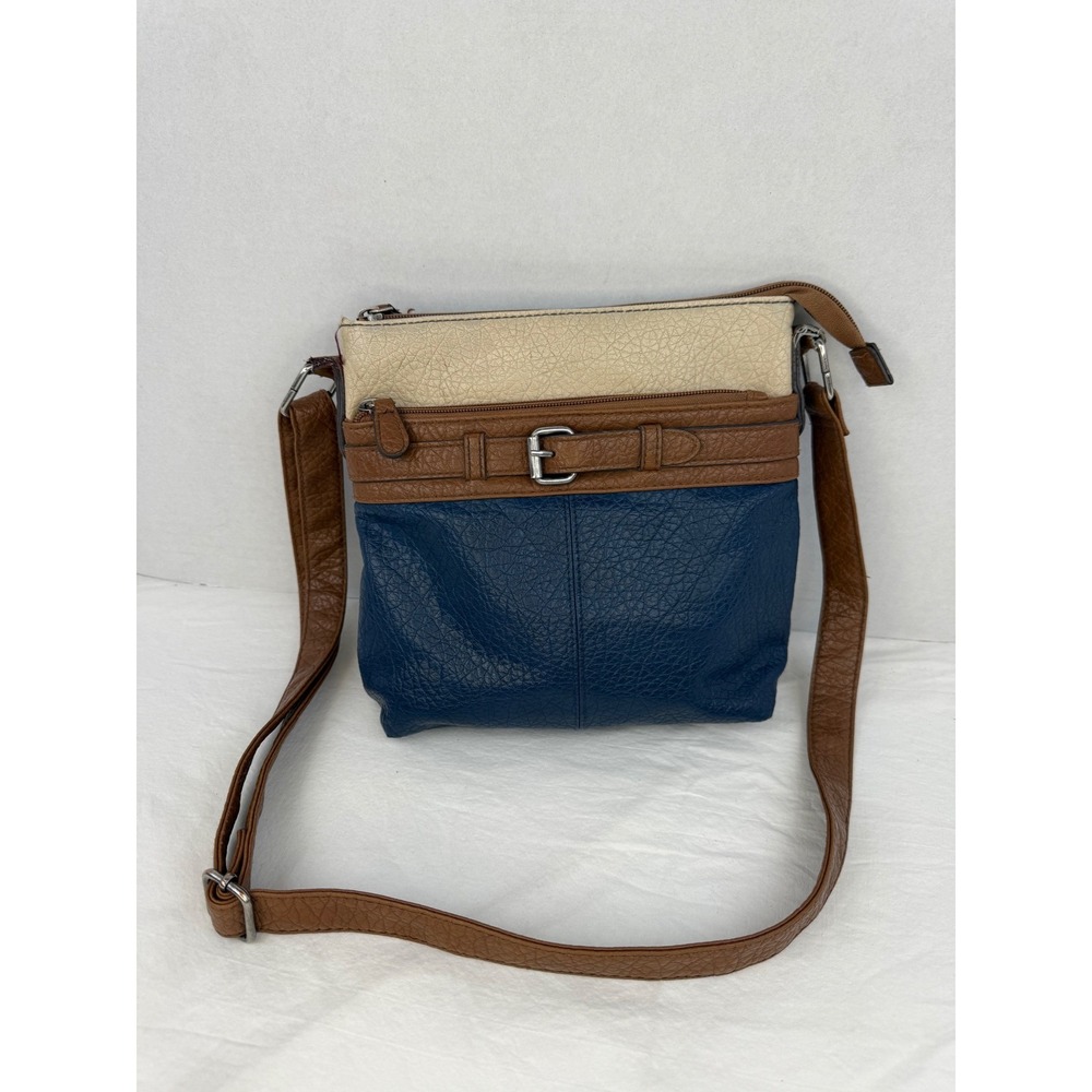 Style & Co Colorblock Crossbody Bag Navy Brown Cream Faux Leather Belted Detail